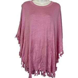 Duffield Lane Womens Pink Pullover Poncho Fringe Trim Sweater Pockets Silk sz S